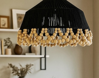 Boho Pendant Light, Wooden Beaded Chandelier, Custom Rope Color Lamp, Rustic Ceiling Light, Dining Room Lighting Fixture