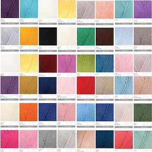 May include: A grid of sixty square swatches displaying various solid colors of yarn. Each swatch features a textured, twisted fiber appearance and includes a small white label with a numerical code and a button for adding to a shopping cart.