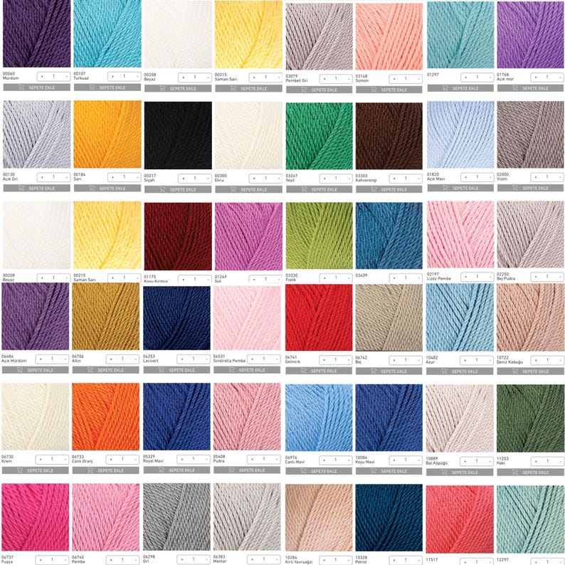 May include: A grid of sixty square swatches displaying various solid colors of yarn. Each swatch features a textured, twisted fiber appearance and includes a small white label with a numerical code and a button for adding to a shopping cart.