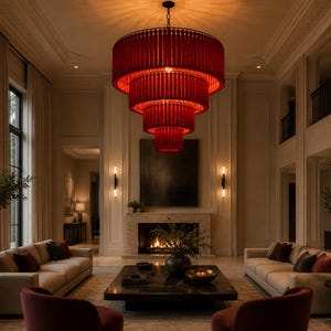 May include: A large, multi-tiered chandelier featuring a series of vertical, deep red wooden spindles arranged in concentric circles. The fixture hangs from a central chain, creating a layered, cylindrical silhouette that illuminates the room.