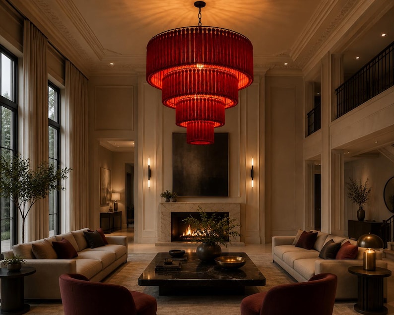 May include: A large, multi-tiered chandelier featuring a series of vertical, deep red wooden spindles arranged in concentric circles. The fixture hangs from a central chain, creating a layered, cylindrical silhouette that illuminates the room.