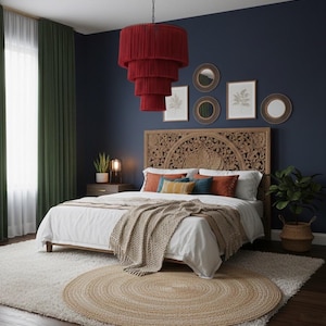 May include: A bedroom featuring a large carved wooden headboard, a white bedspread with a beige knit throw, and a tiered red fringe pendant light. The room includes a round jute rug, dark blue walls, green curtains, and framed wall art.