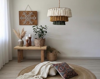 Boho Tassel Chandelier, Handmade Fringe Pendant Light, Bohemian Ceiling Lamp, Natural Fiber Hanging Light, Nursery Decor, Living Room Lighti