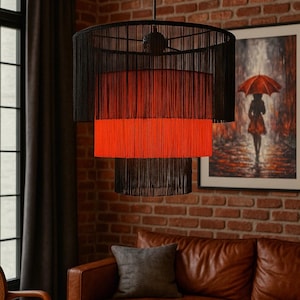 Modern Boho Fringed Chandelier, Handmade Tasseled Pendant Lamp, Rustic Modern Chandelier, Fringed Pendant Lamp, Unique Bohemian Pendant Lamp