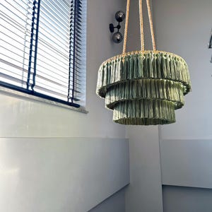 Khaki Green Macrame Chandelier, Handmade Tassel Pendant Lamp, Modern Boho Ceiling Light, Large Bohemian Chandelier
