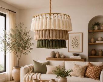 Boho Chandelier, Tassel Chandelier, Macrame Pendant Light, Cotton Rope Ceiling Light, Statement Lighting, Boho Home Decor, Living Room Light