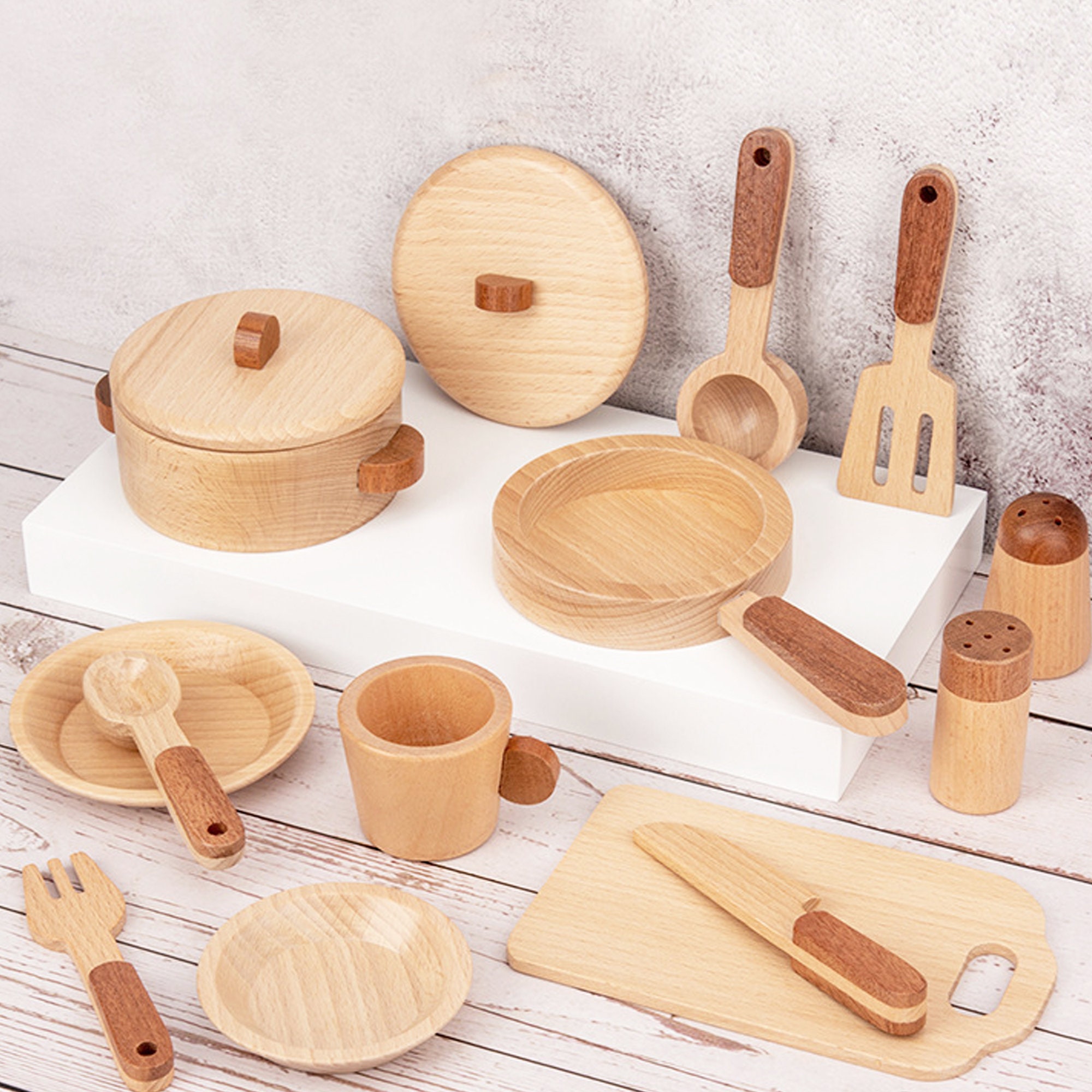 15pcs Wooden Kitchen Toy Set Wooden Play Set Cookware Plates Etsy