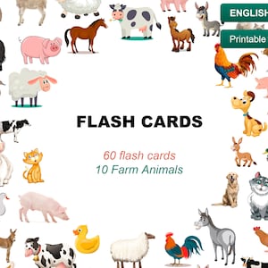 Può includere: Un set di 60 flash card stampabili con 10 animali della fattoria. Le carte sono colorate e presentano illustrazioni di animali come mucche, maiali, pecore, galline e cavalli. Il testo "FLASH CARDS" e "60 flash cards 10 Farm Animals" è stampato sulle carte. Il testo "ENGLISH Printable PDF" è anche stampato sulle carte.