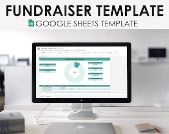 Könnte beinhalten: Ein Computerbildschirm zeigt eine Google Sheets-Tabellenvorlage für eine Golf-Wohltätigkeitsveranstaltung. Die Tabelle enthält eine Fortschrittsanzeige, die zeigt, dass 9 % des Spendenziels erreicht wurden. Die Vorlage ist mit "Fundraiser Template - Teal" beschriftet.