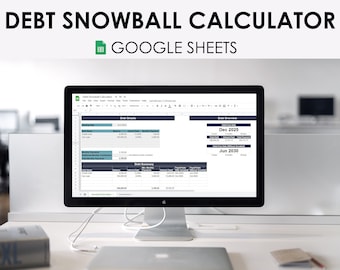 May include: A computer screen displaying a Google Sheets spreadsheet titled "Debt Snowball Calculator". The spreadsheet is designed to help users track and manage their debt. The image also includes the text "EASY TO USE USER GUIDE INSTANT DOWNLOAD AUTOMATIC".