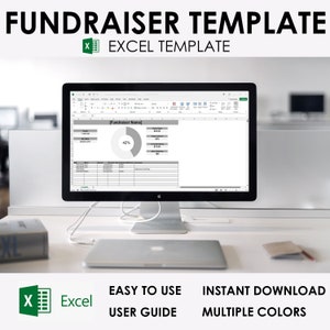 May include: A computer screen displaying an Excel spreadsheet template for fundraising. The template includes a progress bar, a pie chart, and a table for tracking donations. The text "[Fundraiser Name]" is visible in the spreadsheet. The text "EASY TO USE", "INSTANT DOWNLOAD", "USER GUIDE", and "MULTIPLE COLORS" are visible below the computer screen.