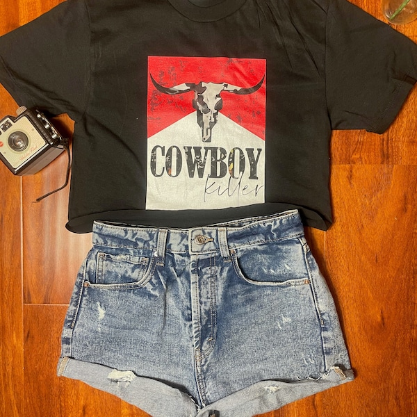 Cowboy Killer Country Western Print on Black Crop Top