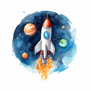 Printable Wall Art - Watercolour Rocket Ship in Space - DIY Decor