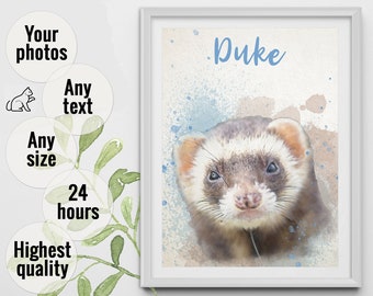 Personalized pet portrait from photo Custom ferret portrait digital Custom watercolor painting from picture