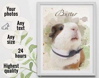 Retrato personalizado de conejillo de indias de la foto Retrato de mascota personalizado digital Pintura de acuarela personalizada de la imagen