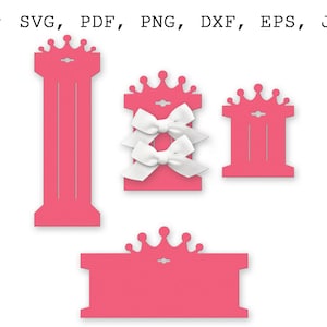May include: Four pink crown-shaped display cards for hair accessories. The cards have a hole at the top for hanging. Two of the cards are tall and narrow, one is square, and one is short and wide. The cards are designed to hold hair clips, barrettes, and other hair accessories.