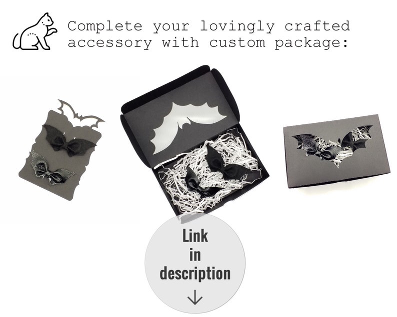 May include: Black bat-shaped hair clips in a black box with a bat cut-out. The box is filled with white tissue paper. The text "Complete your lovingly crafted accessory with custom package: Link in description" is above the image.
