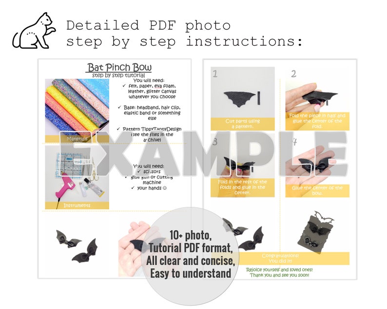 May include: A step-by-step tutorial for making a bat-shaped pinch bow. The tutorial includes images and instructions for cutting, folding, and gluing the fabric pieces. The tutorial also includes a list of materials needed, such as felt, paper, eva foam, leather, glitter canvas, headband, hair clip, elastic band, glue gun, scissors, and a cutting machine. The tutorial is titled "Bat Pinch Bow" and includes the text "10+ photo, Tutorial PDF format, All clear and concise, Easy to understand".