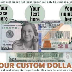 Personalisierter Dollar Geldschein Personalisiertes Geld digital Custom Fake Money neue Beispiele Geburtstagsgeld benutzerdefiniertes Gesicht druckbar