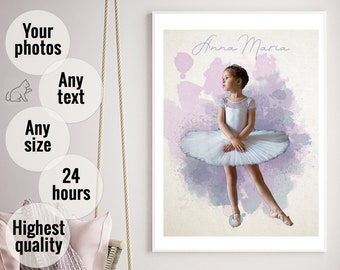 Custom ballerina wall art Custom portrait watercolor Personalised ballerina gift Ballerinas room decor printable Ballerina wall print