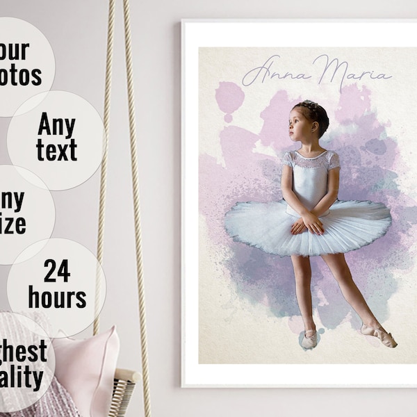 Custom ballerina wall art Custom portrait watercolor Personalised ballerina gift Ballerinas room decor printable Ballerina wall print