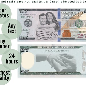 Soldi per il matrimonio Banconota da un dollaro personalizzata Denaro per matrimonio Dollaro digitale personalizzato Denaro falso personalizzato nuovi esempi