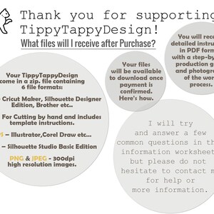 May include: A graphic with the text "Thank you for supporting TippyTappyDesign!" and "What files will I receive after Purchase?"  The graphic lists the file formats included in a digital download: SVG, PDF, EPS, DXF, PNG, and JPEG.