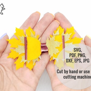May include: A pair of yellow felt maple leaf hair bows with gold glitter accents and a burgundy ribbon in the center. SVG, PDF, PNG, DXF, EPS, JPG. Cut by hand or use your cutting machine.