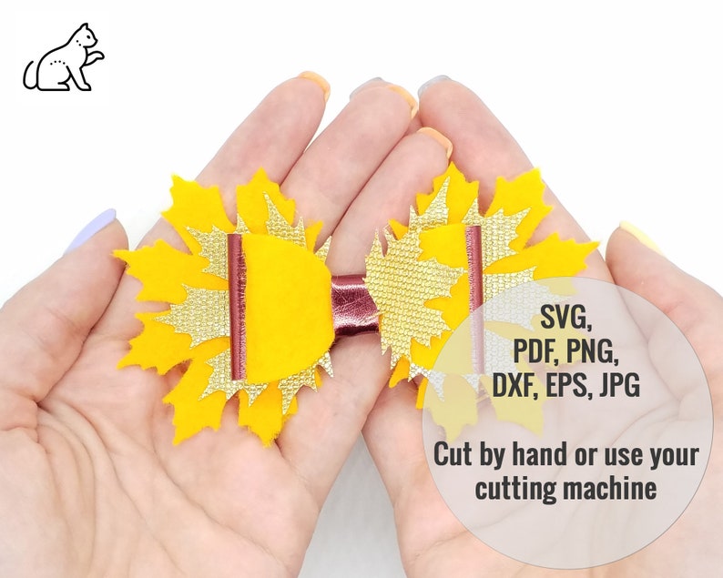 May include: A pair of yellow felt maple leaf hair bows with gold glitter accents and a burgundy ribbon in the center. SVG, PDF, PNG, DXF, EPS, JPG. Cut by hand or use your cutting machine.