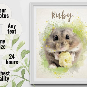 Custom hamster portrait from photo Personalized pet portrait digital Custom watercolor painting from picture