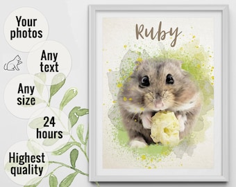 Custom hamster portrait from photo Personalized pet portrait digital Custom watercolor painting from picture