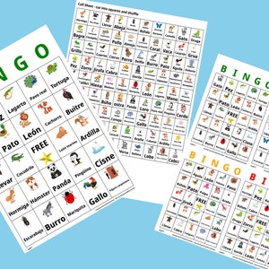 1000 Spanish Animal Bingo Language Learning Cards español  - A4 & US Letter Format - 1 or 4 cards per sheet