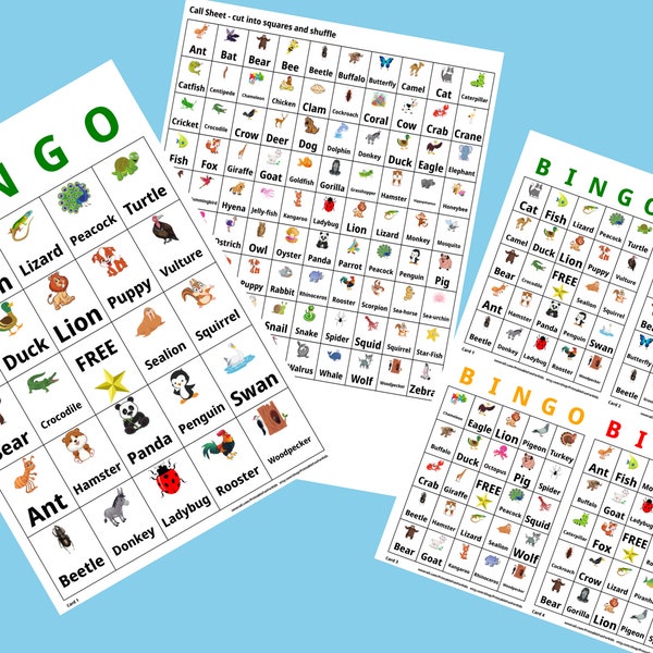1000 English Animal Bingo Language Learning Cards ESL  - A4 & US Letter Format - 1 or 4 cards per sheet