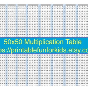 Tafel van vermenigvuldiging 50 x 50 in Letter- en A4-formaat - hoge resolutie pdf - enkele pagina