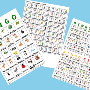 1000 cartes d’apprentissage des langues portugaises de bingo animal Português - Format A4 & US Letter - 1 ou 4 cartes par feuille