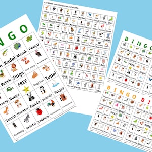 1000 tarjetas de aprendizaje de idiomas de bingo de animales indonesios bahasa Indonesia - A4 y formato de carta de EE. UU. - 1 o 4 tarjetas por hoja