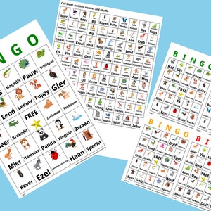 1000 Dutch Animal Bingo Language Learning Cards Nederlands - A4 & US Letter Format - 1 o 4 tarjetas por hoja