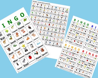 1000 Dutch Animal Bingo Language Learning Cards Nederlands  - A4 & US Letter Format - 1 or 4 cards per sheet