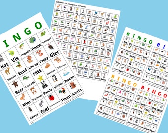 Nederlandse dierenbingokaarten – taalleerspel (digitale download)