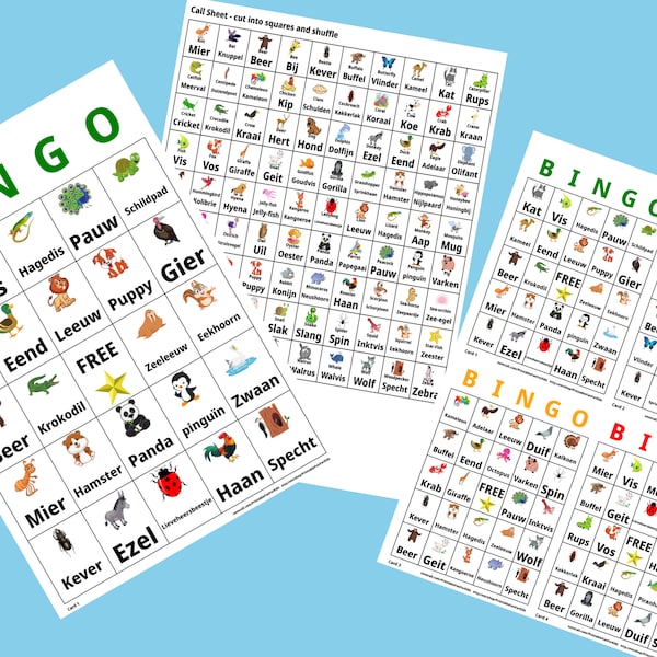 1000 Dutch Animal Bingo Language Learning Cards Nederlands  - A4 & US Letter Format - 1 or 4 cards per sheet