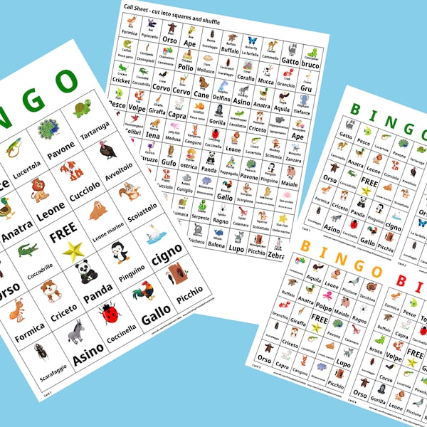 1000 Italian Animal Bingo Language Learning Cards Italiano  - A4 & US Letter Format - 1 or 4 cards per sheet