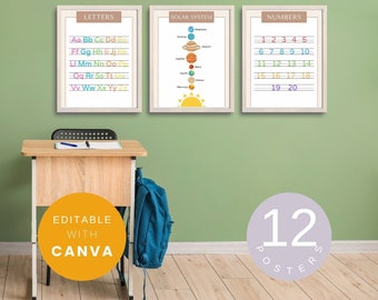 Educational Posters Set, Canva Editable Template, Educational Posters Elementary, Educational Posters Kindergarten, Preschool Playroom Decor