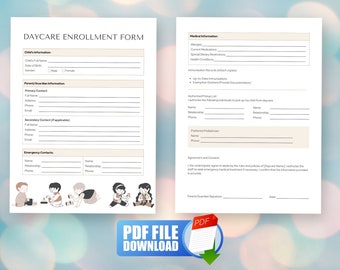 Daycare Enrollment Form Two Sheet Application Paper Registration PDF File