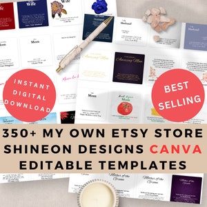 Paquete de plantillas de tarjetas con mensaje de Shineon, collares personalizados, diseños de Shineon, joyería editable en Canva, impresión a pedido, POD, uso comercial y personal.