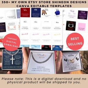 Pacote de modelos de cartão de mensagem Shineon, colar personalizado Shineon Designs Canva Joias editáveis Impressão sob demanda POD Uso comercial e pessoal
