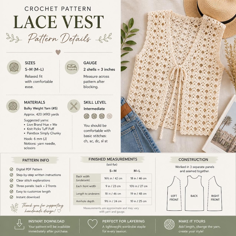 May include: A crochet pattern for a cream-colored lace vest. The document includes text details on sizes S-M and M-L, bulky weight yarn requirements, intermediate skill level, and a table of finished measurements in inches and centimeters.
