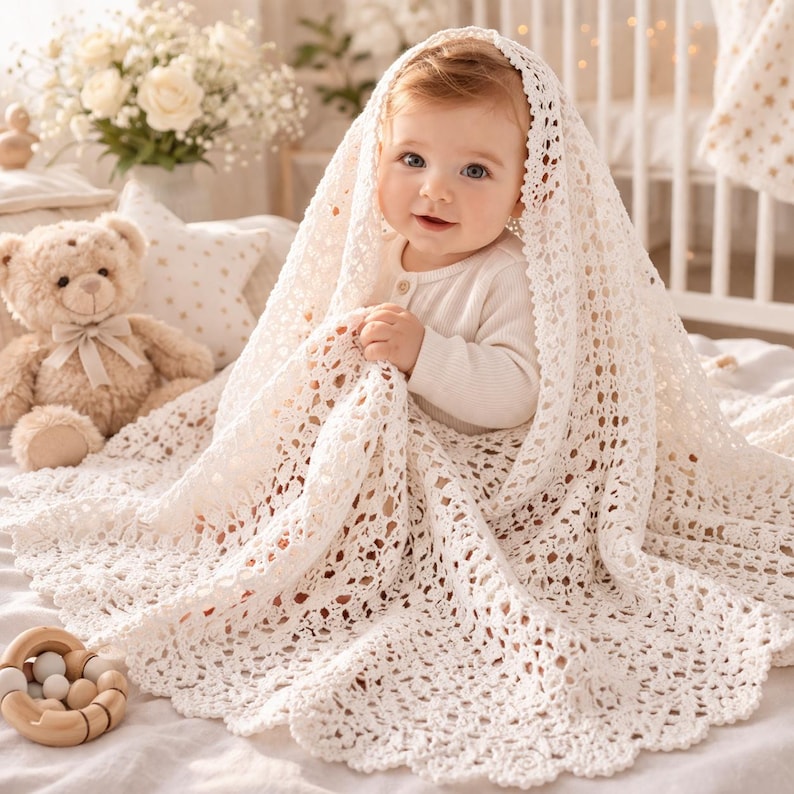 May include: A cream-colored, intricate crochet baby blanket with a scalloped edge draped over a baby wearing a long-sleeved white shirt. The blanket features a repeating openwork pattern and is made of soft yarn, providing a delicate texture.