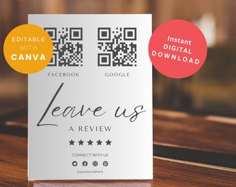 Leave Us a Review QR Code  8 × 10in Sign Canva Editable Custom Template, Small Business Salon Restaurant Social Facebook Instagram Google