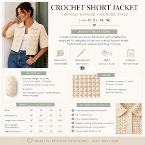 Puede incluir: Un patr&oacute;n de chaqueta corta de ganchillo en descarga PDF que muestra una chaqueta texturizada de color crema con cuello y botones frontales. El documento incluye tallas de la 10 a la 16, materiales, muestra de tensi&oacute;n e instrucciones paso a paso.