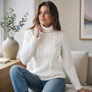 May include: A white long-sleeved roll-neck jumper featuring a vertical cable knit pattern on the front and ribbed knit detailing on the sleeves and sides. The jumper is paired with blue denim jeans, creating a classic and neutral ensemble.